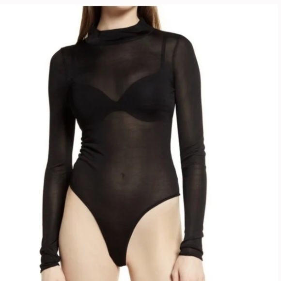 NWT Good American Blackout Sheer Long Sleeve Mock Neck Bodysuit sz 0 - Picture 1 of 14